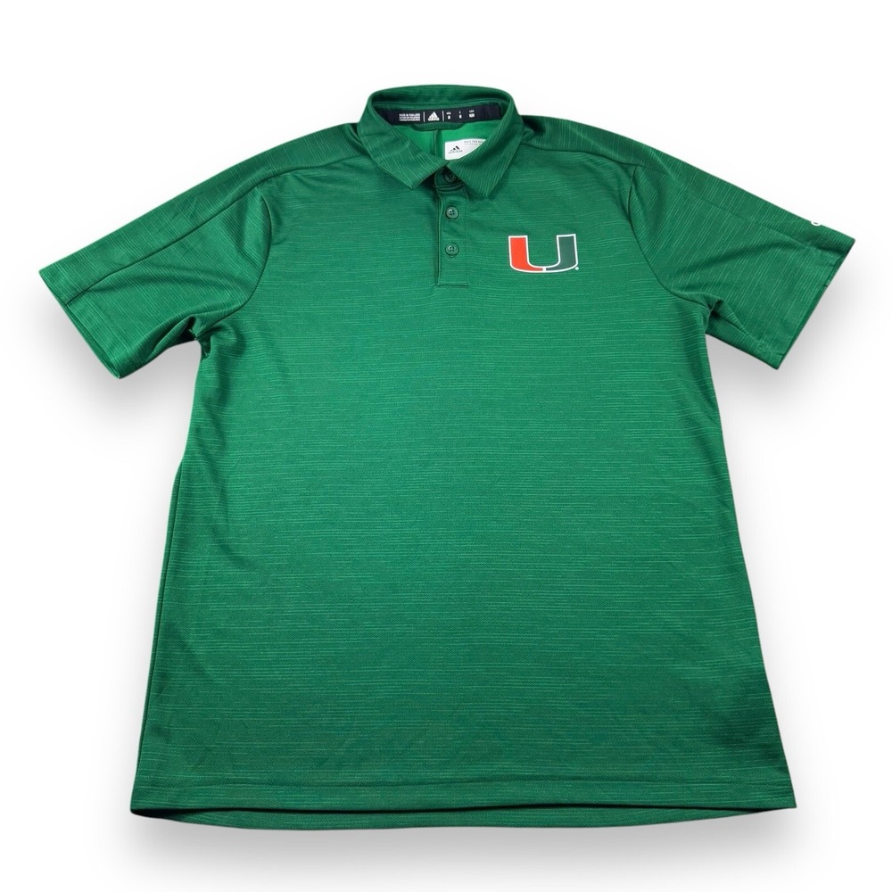 Adidas UofM Miami Hurricanes Green Climalite Polo Shirt Mens Sz M EUC
